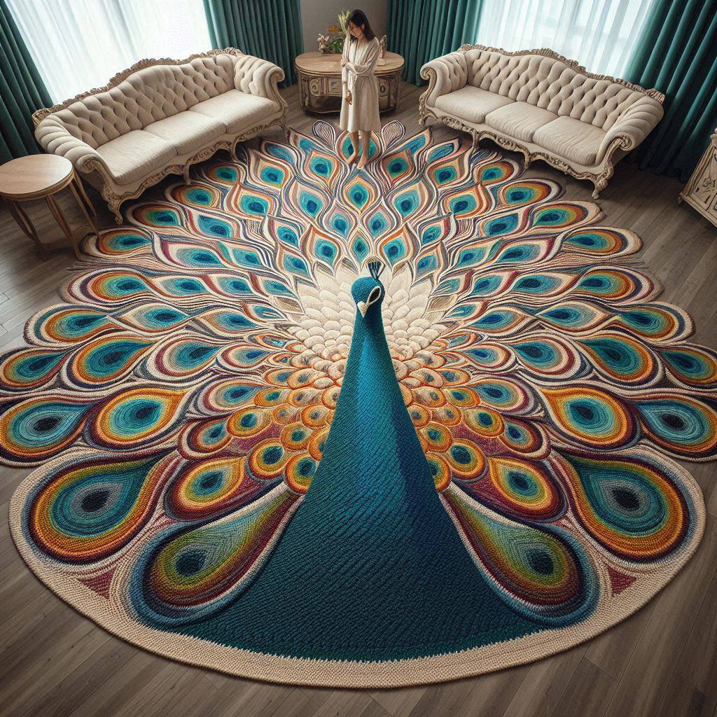 Peacock-Shaped-Crochet-Rug